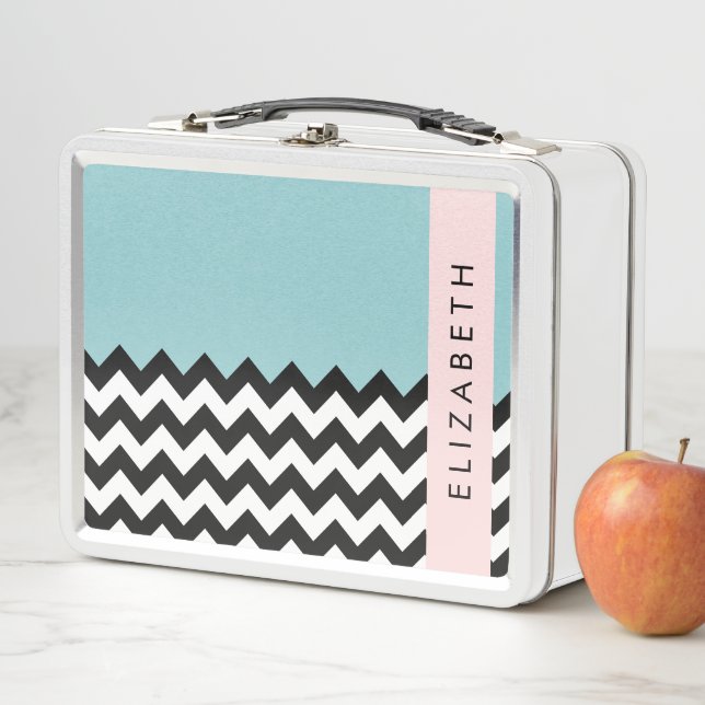 Black and White Zigzag, Chevron, Blue, Your Name Metal Lunch Box (In Situ)
