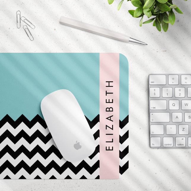 Black and White Zigzag, Chevron, Blue, Your Name Mouse Mat (Creator Uploaded)