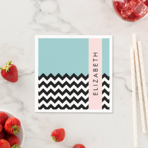 Black and White Zigzag, Chevron, Blue, Your Name Napkin
