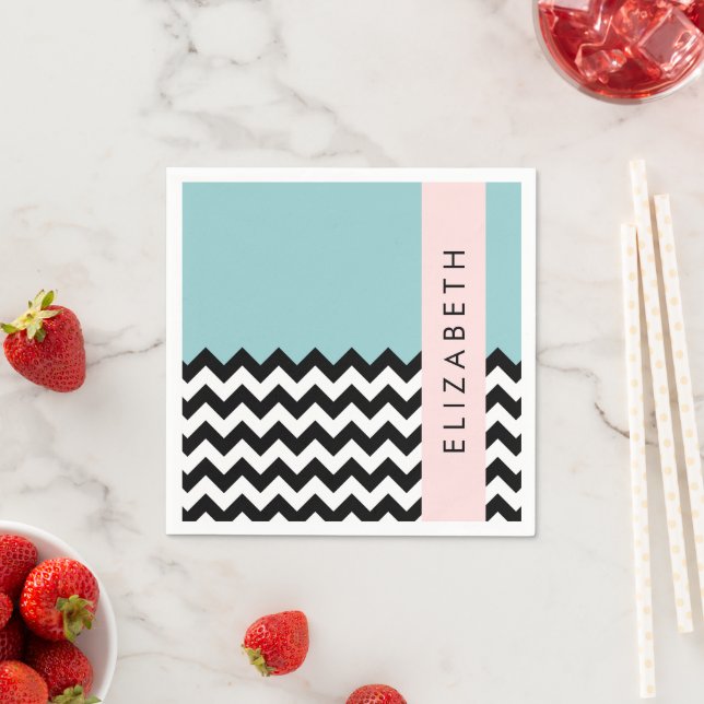 Black and White Zigzag, Chevron, Blue, Your Name Napkin (Insitu)