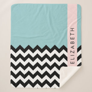 Black and White Zigzag, Chevron, Blue, Your Name Sherpa Blanket