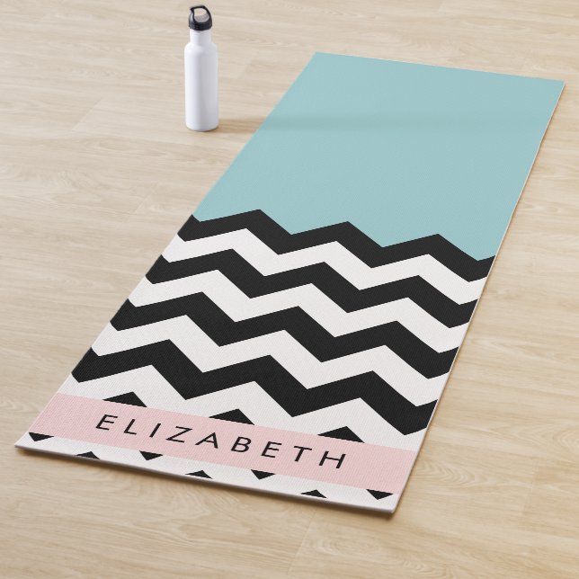 Black and White Zigzag, Chevron, Blue, Your Name Yoga Mat (In Situ)