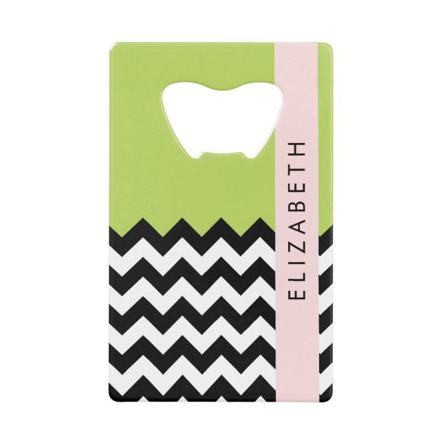 Black and White Zigzag, Chevron, Green, Your Name (Front)