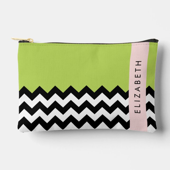 Black and White Zigzag, Chevron, Green, Your Name Accessory Pouch (Front)