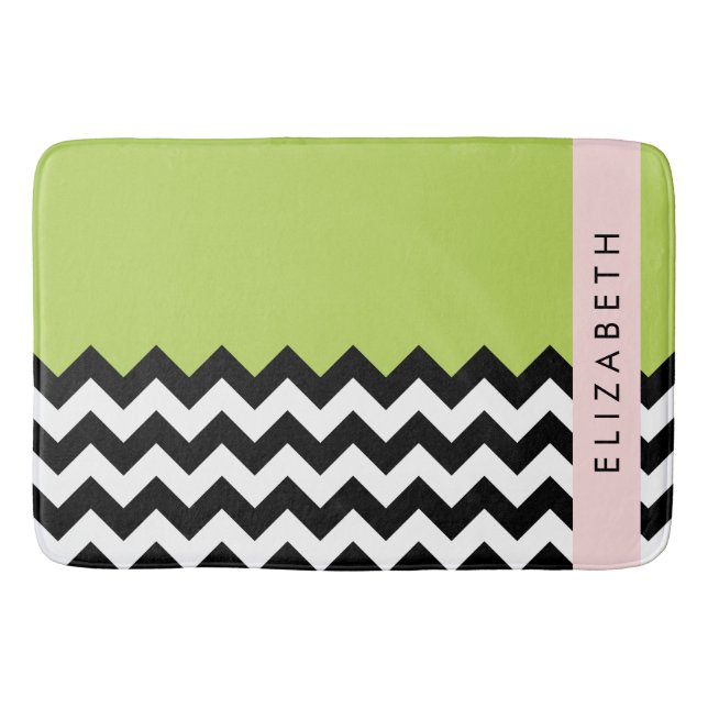 Black and White Zigzag, Chevron, Green, Your Name Bath Mat (Front)