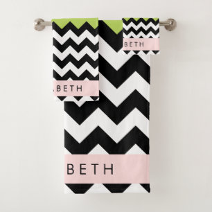 Black and White Zigzag, Chevron, Green, Your Name Bath Towel Set