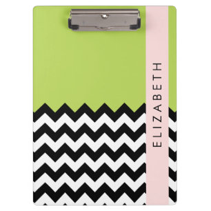Black and White Zigzag, Chevron, Green, Your Name Clipboard
