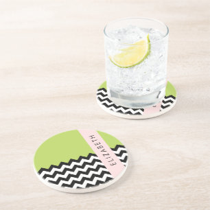 Black and White Zigzag, Chevron, Green, Your Name Coaster