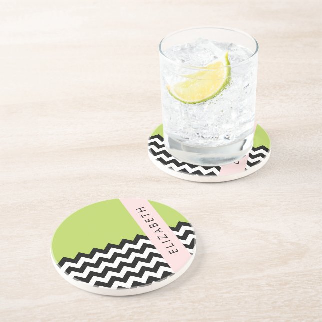 Black and White Zigzag, Chevron, Green, Your Name Coaster (Side)