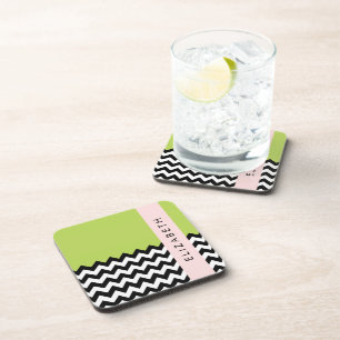Black and White Zigzag, Chevron, Green, Your Name Coaster