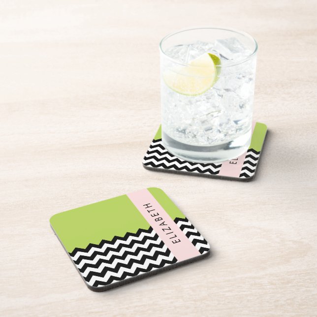 Black and White Zigzag, Chevron, Green, Your Name Coaster (Right Side)