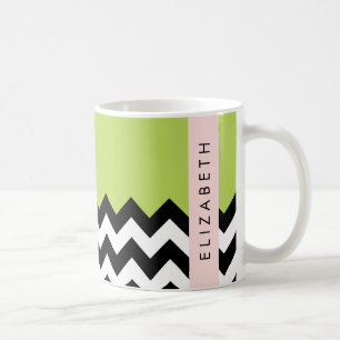 Black and White Zigzag, Chevron, Green, Your Name Coffee Mug