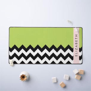 Black and White Zigzag, Chevron, Green, Your Name Desk Mat