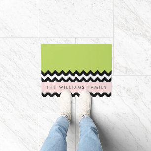 Black and White Zigzag, Chevron, Green, Your Name Doormat