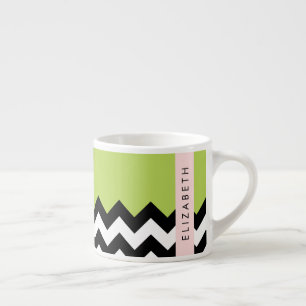 Black and White Zigzag, Chevron, Green, Your Name Espresso Cup