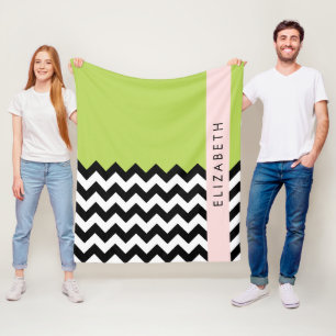 Black and White Zigzag, Chevron, Green, Your Name Fleece Blanket