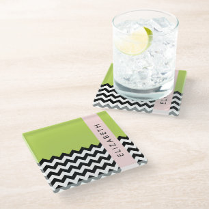 Black and White Zigzag, Chevron, Green, Your Name Glass Coaster