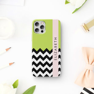 Black and White Zigzag, Chevron, Green, Your Name iPhone 16 Case