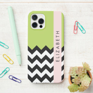 Black and White Zigzag, Chevron, Green, Your Name iPhone 12 Pro Case