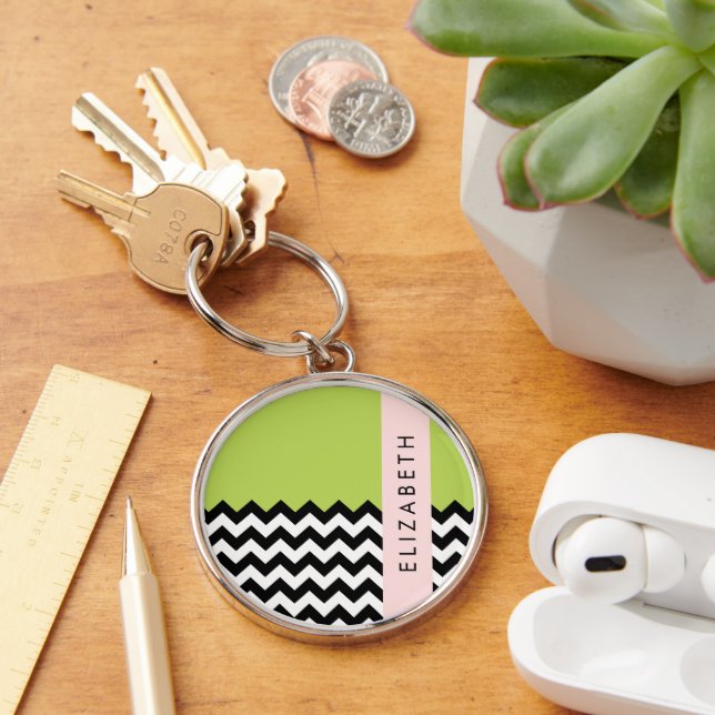 Black and White Zigzag, Chevron, Green, Your Name Key Ring (Desk)