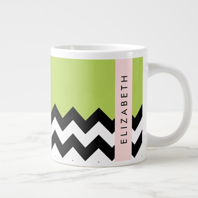 Black and White Zigzag, Chevron, Green, Your Name Large Coffee Mug (Right)