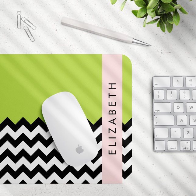 Black and White Zigzag, Chevron, Green, Your Name Mouse Mat (Creator Uploaded)