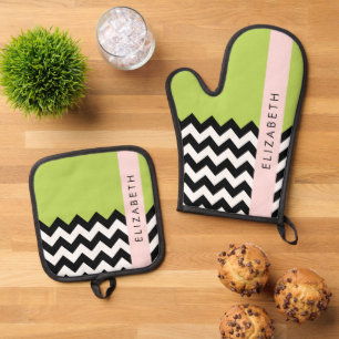 Black and White Zigzag, Chevron, Green, Your Name Oven Mitt & Pot Holder Set