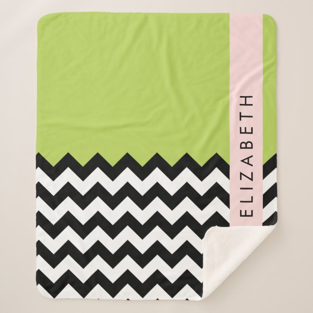 Black and White Zigzag, Chevron, Green, Your Name Sherpa Blanket (Front)