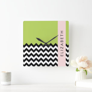 Black and White Zigzag, Chevron, Green, Your Name Square Wall Clock