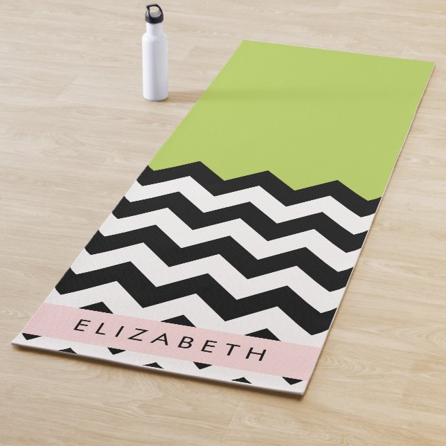 Black and White Zigzag, Chevron, Green, Your Name Yoga Mat (In Situ)