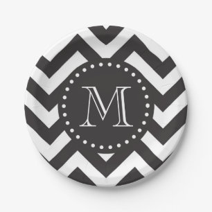 Black and White Zigzag Chevron Monogram Paper Plate