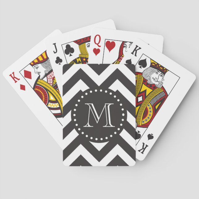 Black and White Zigzag Chevron Monogram Playing Cards (Back)
