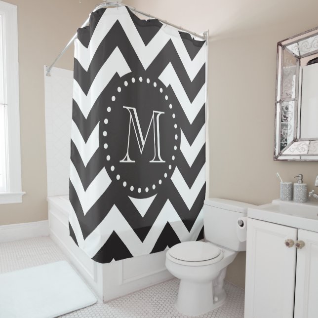 Black and White Zigzag Chevron Monogram Shower Curtain (In Situ)
