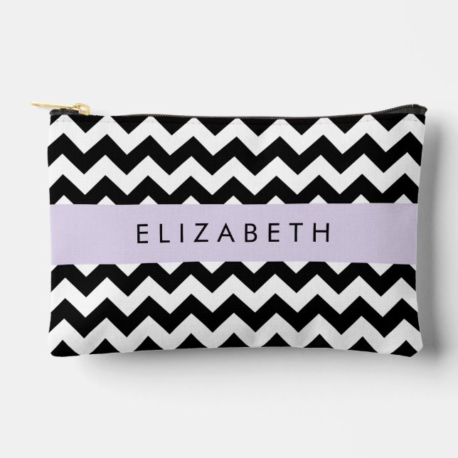 Black and White Zigzag, Chevron Pattern, Your Name Accessory Pouch (Front)