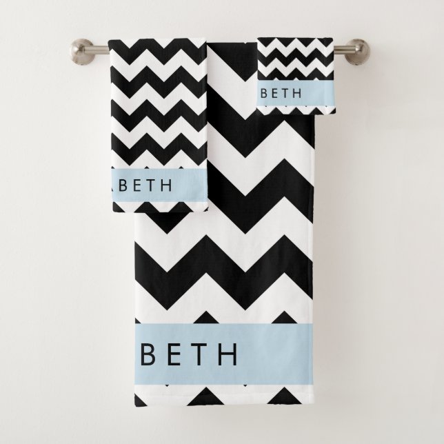 Black and White Zigzag, Chevron Pattern, Your Name Bath Towel Set (Insitu)