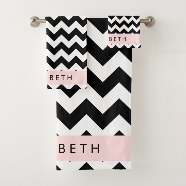 Black and White Zigzag, Chevron Pattern, Your Name Bath Towel Set (Insitu)