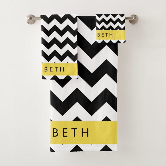 Black and White Zigzag, Chevron Pattern, Your Name Bath Towel Set (Insitu)