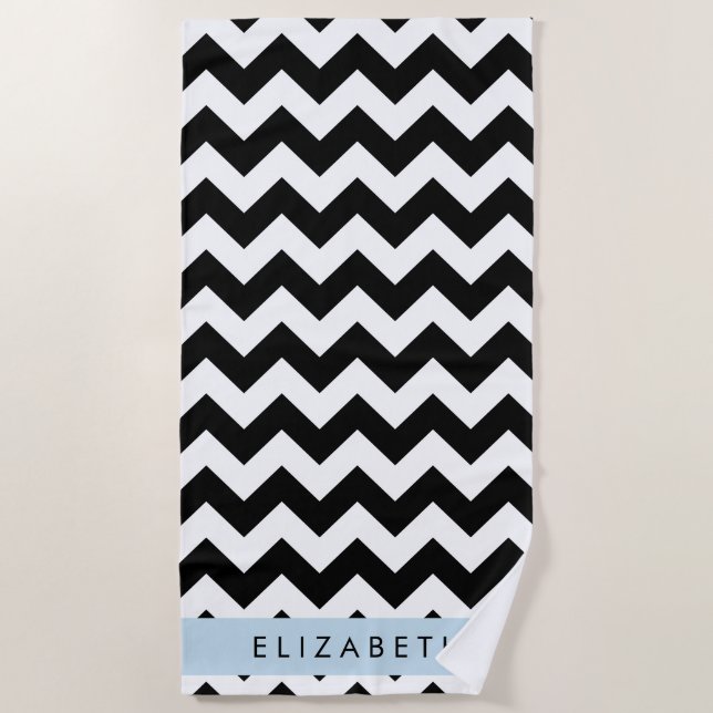 Black and White Zigzag, Chevron Pattern, Your Name Beach Towel (Front)