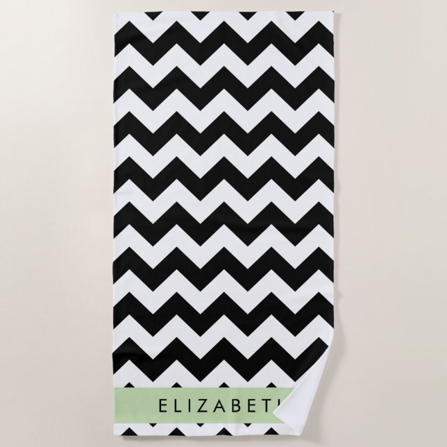 Black and White Zigzag, Chevron Pattern, Your Name Beach Towel (Front)