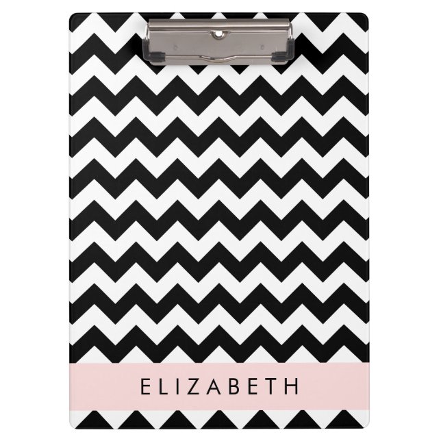 Black and White Zigzag, Chevron Pattern, Your Name Clipboard (Front)