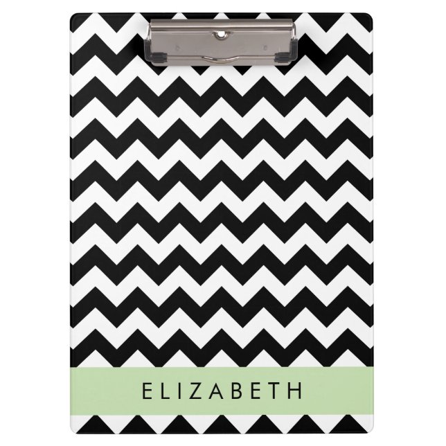 Black and White Zigzag, Chevron Pattern, Your Name Clipboard (Front)