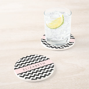 Black and White Zigzag, Chevron Pattern, Your Name Coaster