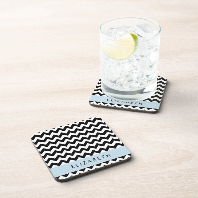 Black and White Zigzag, Chevron Pattern, Your Name Coaster (Right Side)