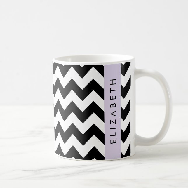 Black and White Zigzag, Chevron Pattern, Your Name Coffee Mug (Right)