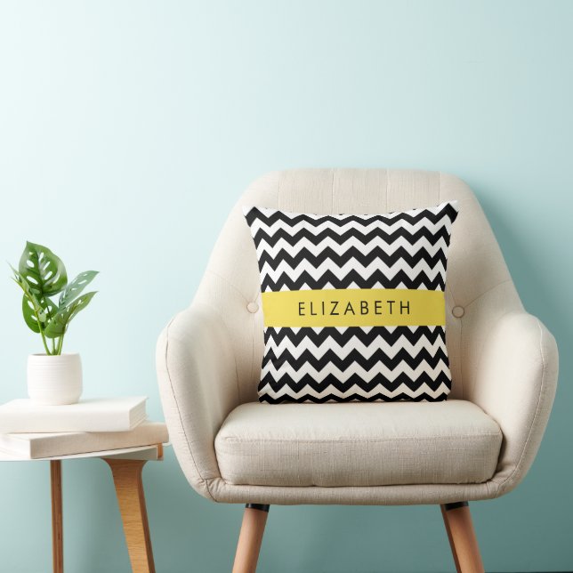 Black and White Zigzag, Chevron Pattern, Your Name Cushion (Chair)