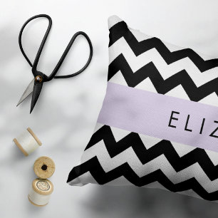 Black and White Zigzag, Chevron Pattern, Your Name Decorative Cushion