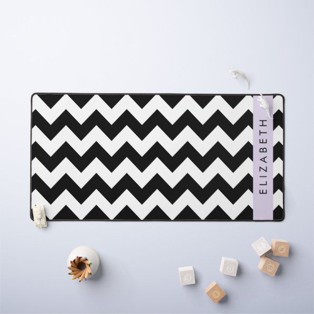 Black and White Zigzag, Chevron Pattern, Your Name Desk Mat (Kids Table)