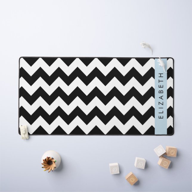 Black and White Zigzag, Chevron Pattern, Your Name Desk Mat (Kids Table)