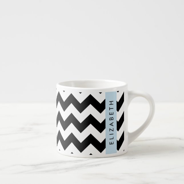 Black and White Zigzag, Chevron Pattern, Your Name Espresso Cup (Right)