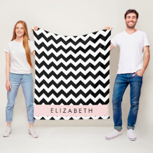 Black and White Zigzag, Chevron Pattern, Your Name Fleece Blanket